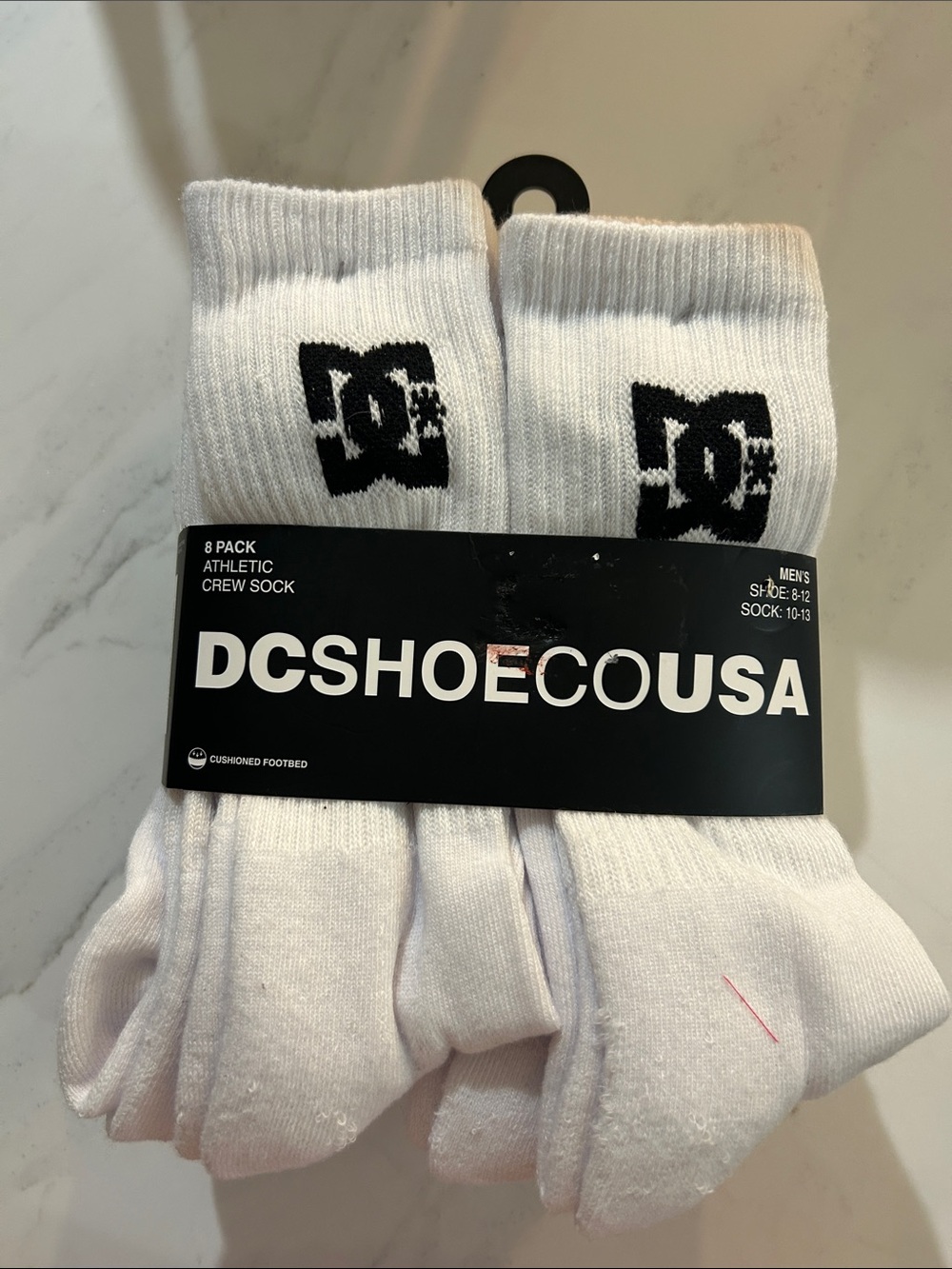 DC White Crew Athletic Socks with Black Logo - 8 Pack